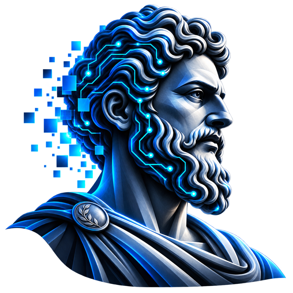 Classical stoic bust merged with digital circuitry