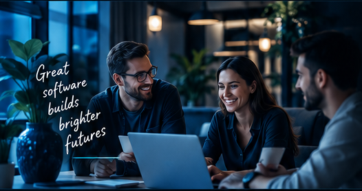 A StoicWare team collaborating with clients around a laptop